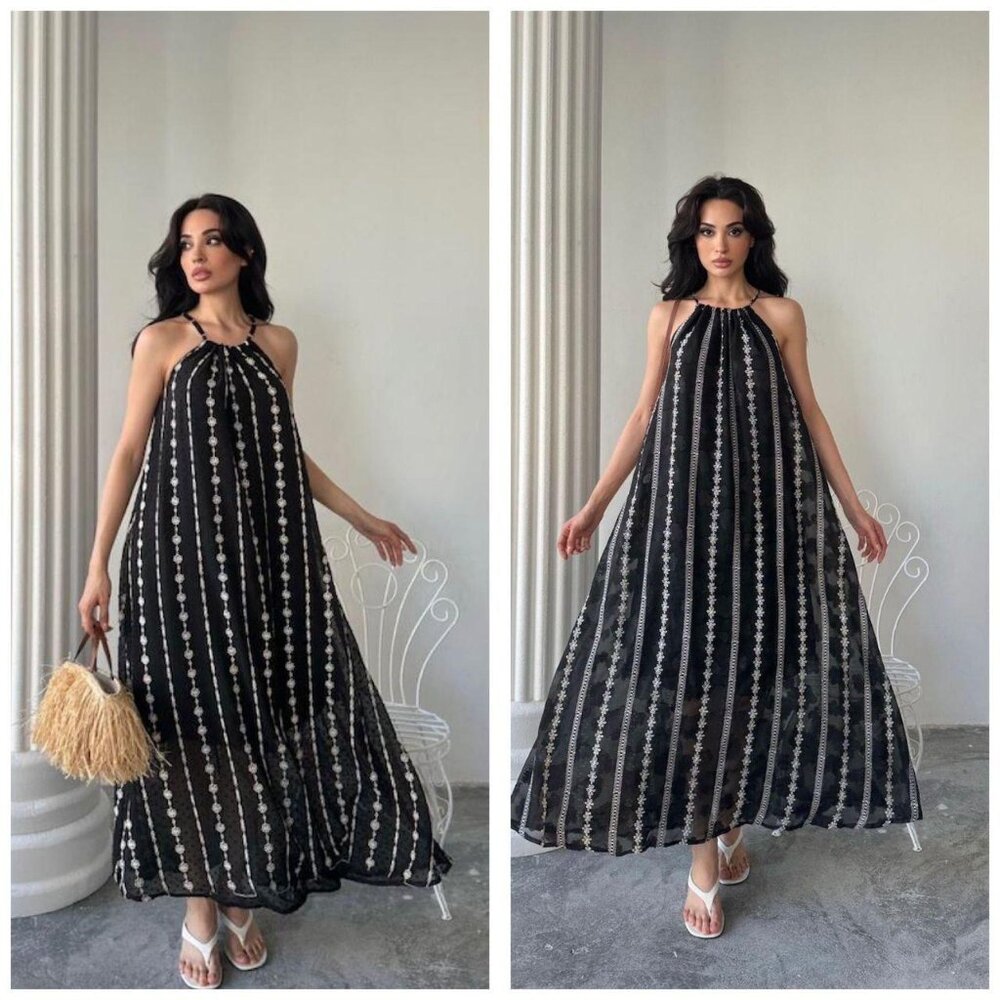 Embroidered Detailed Strapped Loose Chiffon Maxi Dress - Black S, M, L, XL